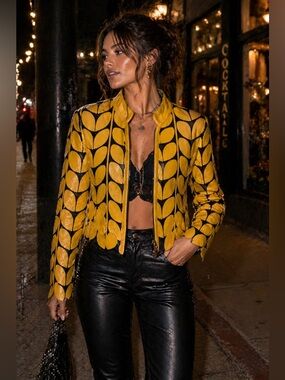 Image Leather Leaves Women Yellow Zipper Jacket L cropped Festival Boho Artsy G